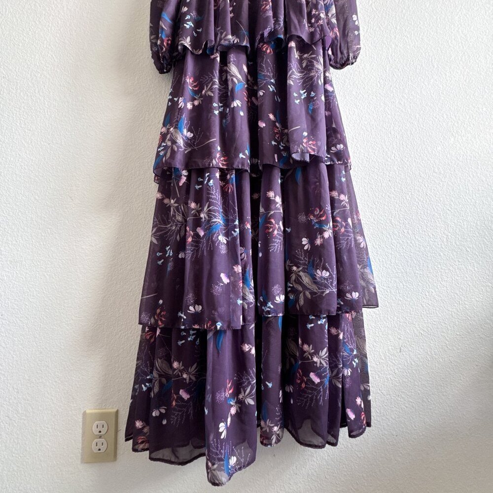 Ieena for Mac Duggal Purple Floral Long Sleeve Tiered Gown Size 0 - Picture 13 of 14